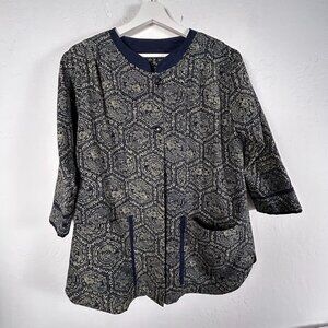 Vintage Womens Paisley Floral Mandarin Collar Jacket Blue 3/4 Sleeve Pockets